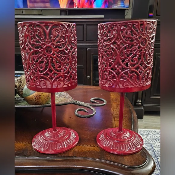 Set of Two Metal Ornate Pedestal Large Candle Holder Marroon Dark Red EUC - Picture 9 of 9